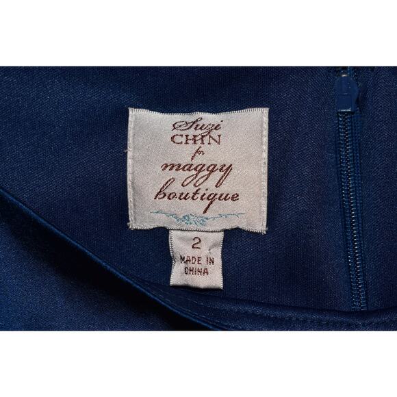 SUZI CHIN MAGGY BOUTIQUE $128 Blue Satin Silk Dress Draped Detail Size 2 - Picture 3 of 3
